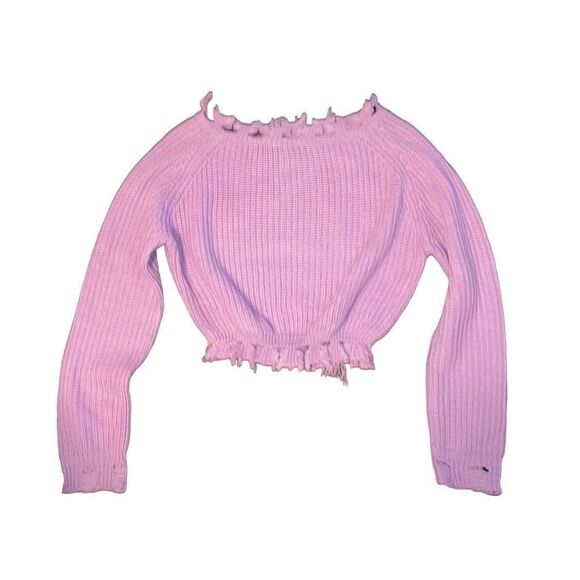 Say What? Size Small Pink Distressed Collar and Hem Cropped Sweater - Picture 1 of 4